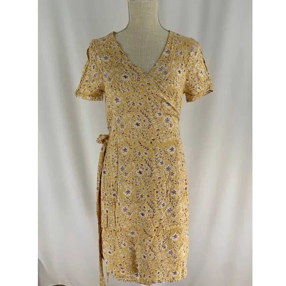 Roxy Floral Short Sleeve Wrap Mini Dress Womens Size Small Yellow New